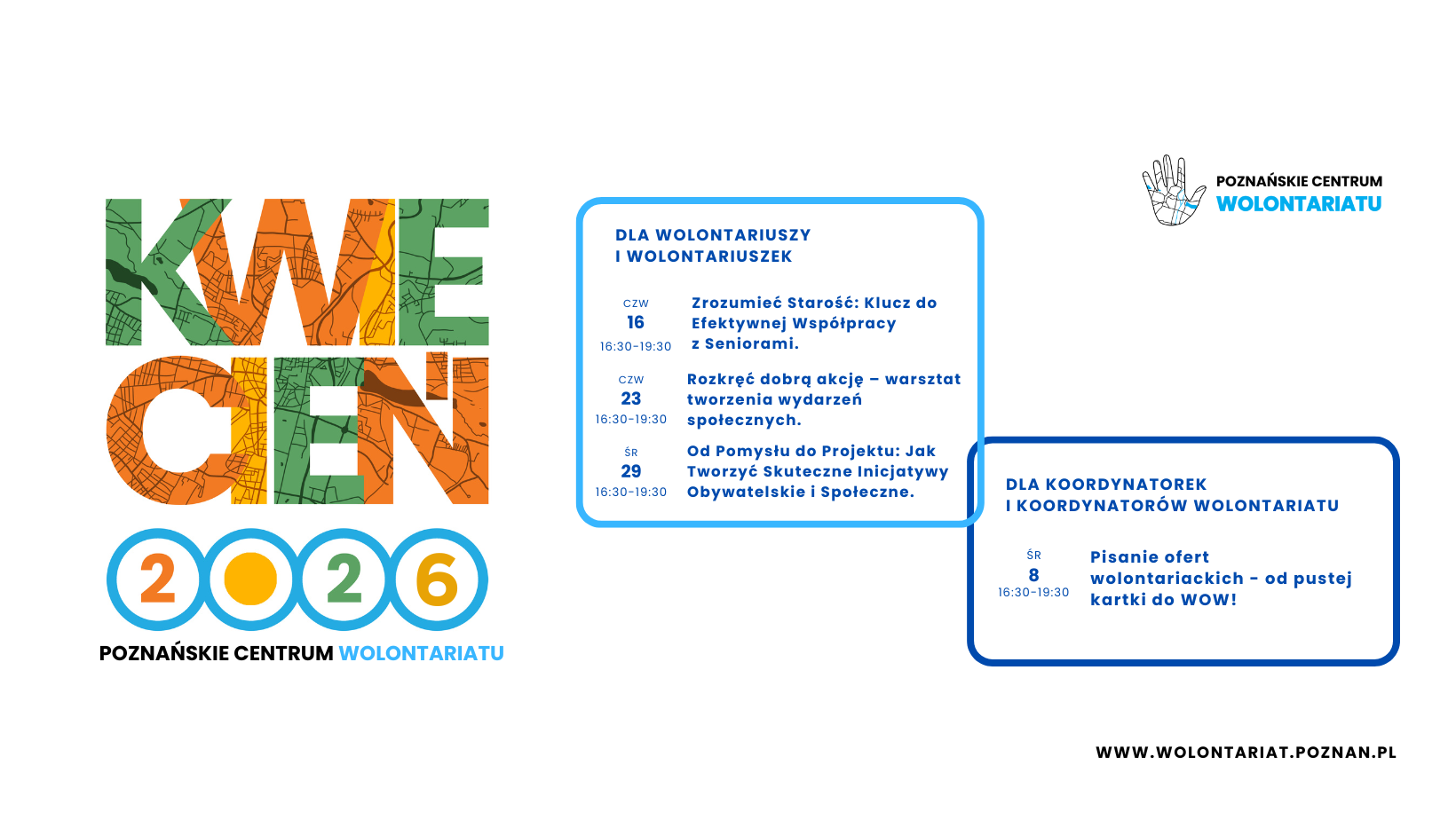 na zdjęciu po lewej znajduje się kolorowy napis "kwiecień 2026", a po prawej stronie znajdują się dwie ramki z datami szkoleń oraz logo Poznańskiego Centrum Wolontariatu