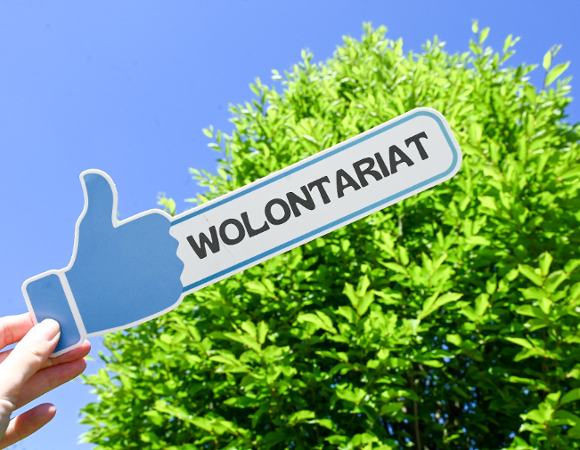 Na zdjęciu tabliczka z napisem wolontariat i kciukiem w górę, trzymana na tle drzewa