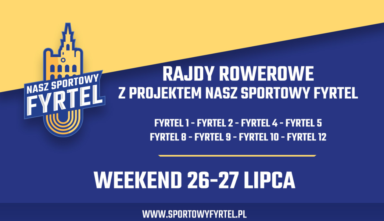 Na żółto-granatowym tle napisy Rajdy rowerowe z projektem nasz sportowy fyrtel. Weekend 26-27 lipca. Z boku logo Naszego Sportowego Fyrtla - rysunek ratusza.