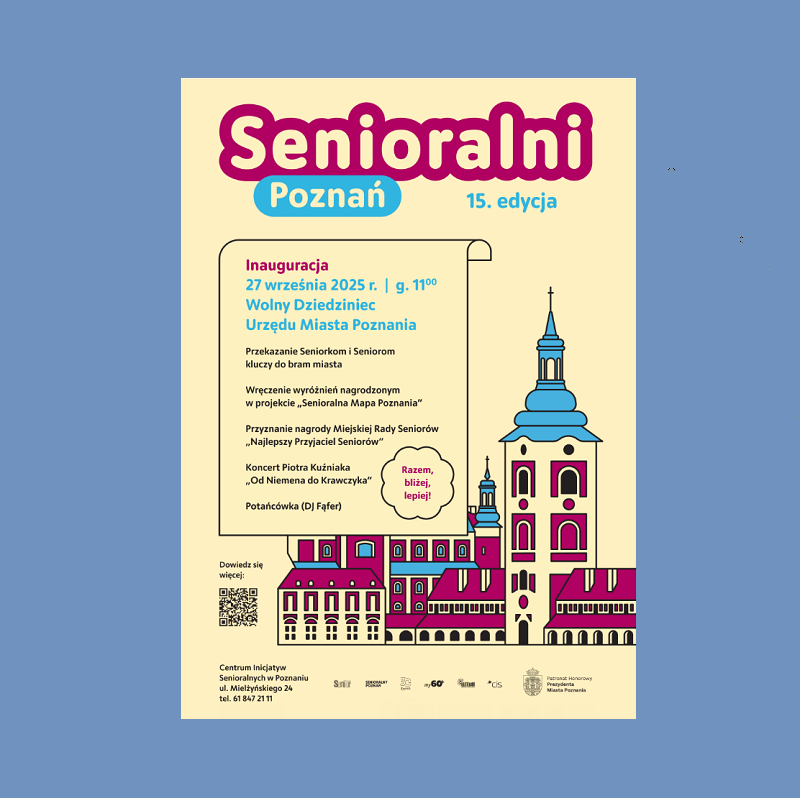 na żółtym tle na dole plakatu rysunki poznańskich budynków, powyżej informacje o wydarzeniach