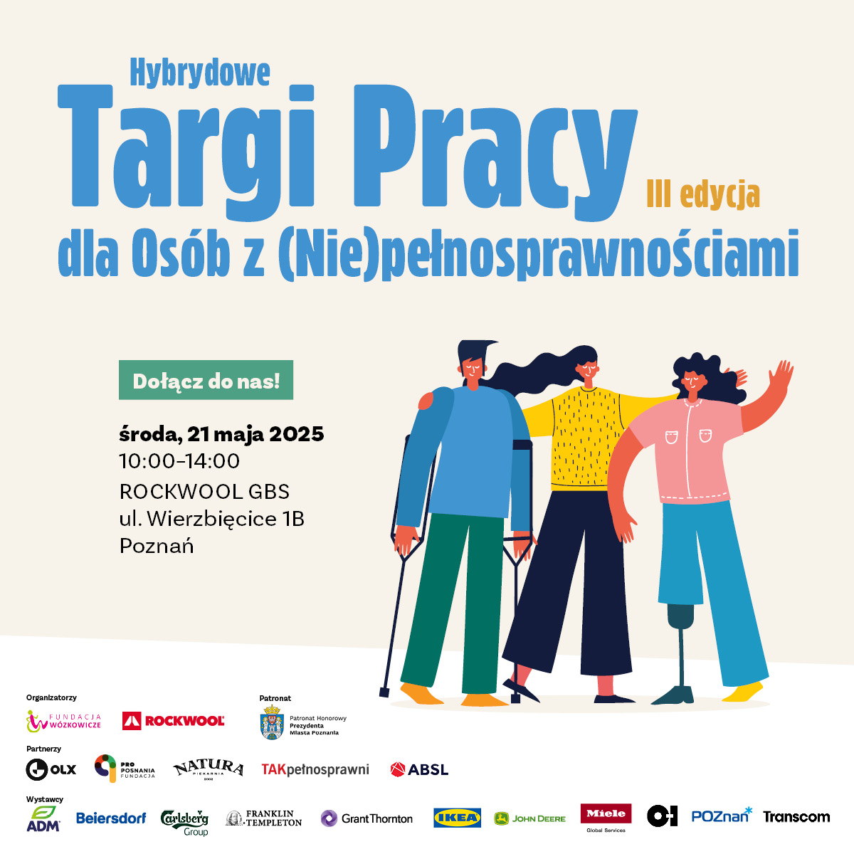 Napis: Hybrydowe Targi Pracy dla Osób z (Nie)pełnosprawnościami, 3 edycja. Dołącz do nas! Poniżej zamieszczona lokalizacja. Z boku ilustracja trzech ludzi.