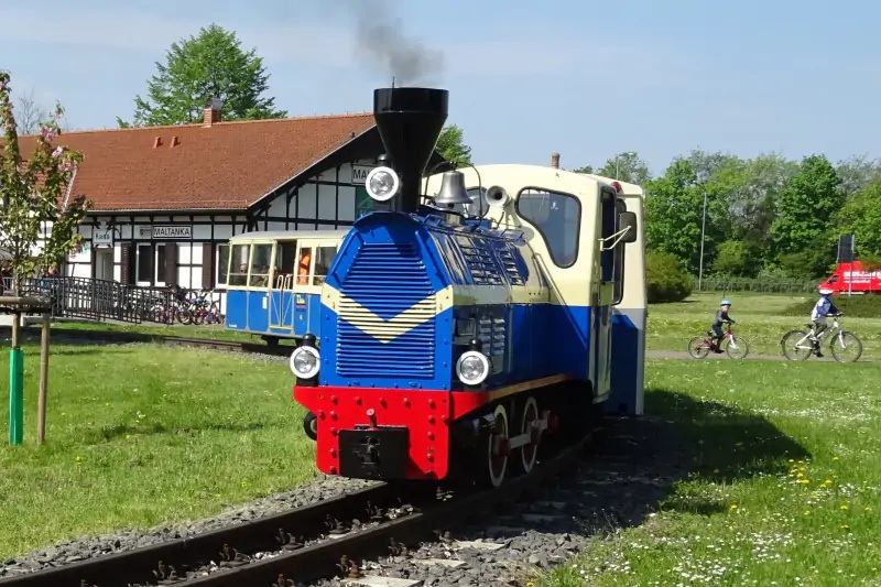 Niebieska lomotywa ciągnąca wagoniki kolejki Maltanka