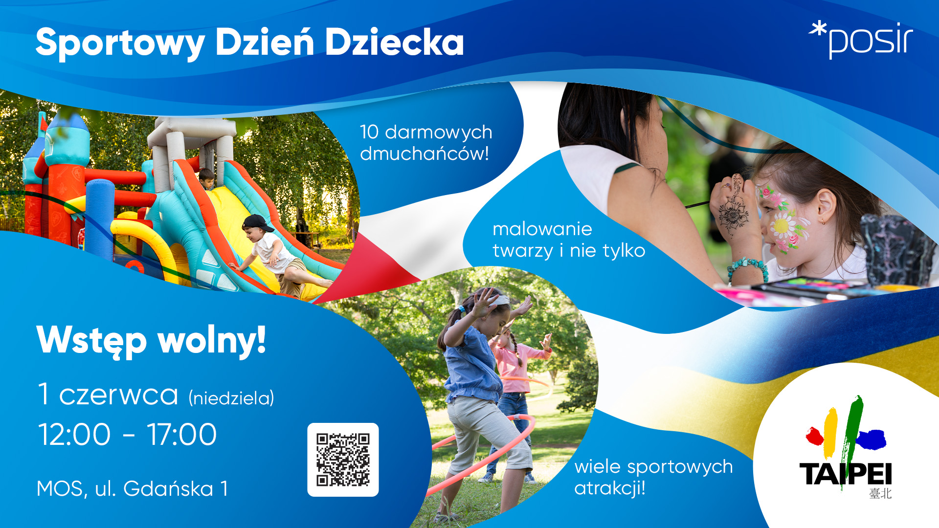 Obraz przedstawia grafikę zachęcającą do udziału w sportowym dniu dziecka, przedstawia 3 zdjęcia na jednym z nich są dzieci na dmuchanej zjeżdżalni, na drugim kobieta malująca dziewczynce twarz oraz na ostatnim dziewczynka z hula hopem. Grafika zawiera też informacje dotyczące wydarzenia takie jak: wstęp wolny, 1 czerwca, od godziny 12 do 17 na terenie Młodzieżowego Ośrodka Kultury przy ulicy Gdańskiej 1.