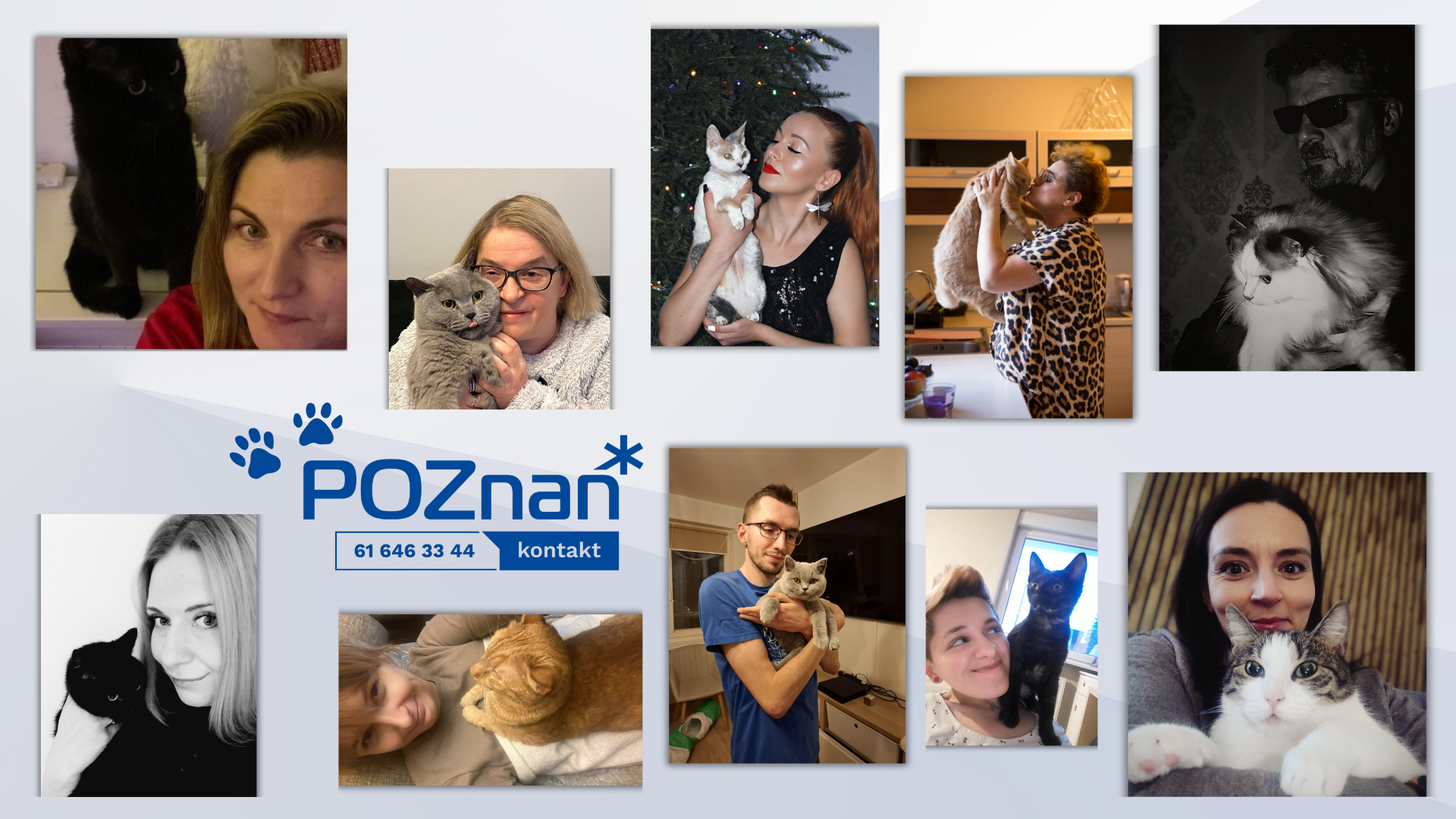 Obraz przedstawia kolaż ze zdjęć pracowników Biura Poznań Kontakt pozujących ze swoimi pupilami.