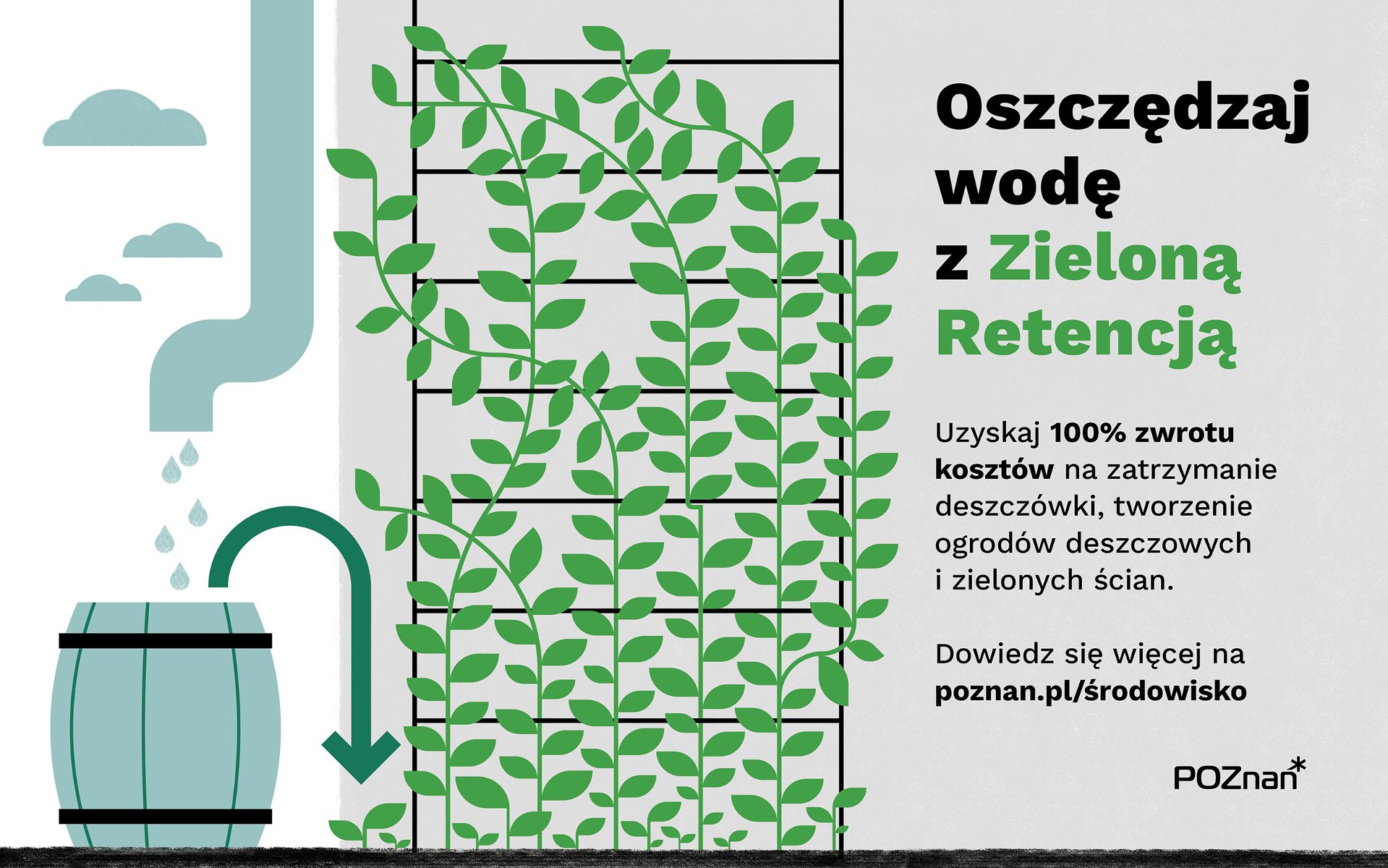 Obraz przedstawia plakat promujący program dotacyjny zielona retencja. Na grafice widać beczkę do której z rynny wpada deszcz widać też ścianę którą obrasta zielona, pnąca roślina, pojawia się również hasło i skrótowy opis programu dotacyjnego. Kolory grafiki to szary, zielony oraz czarny.