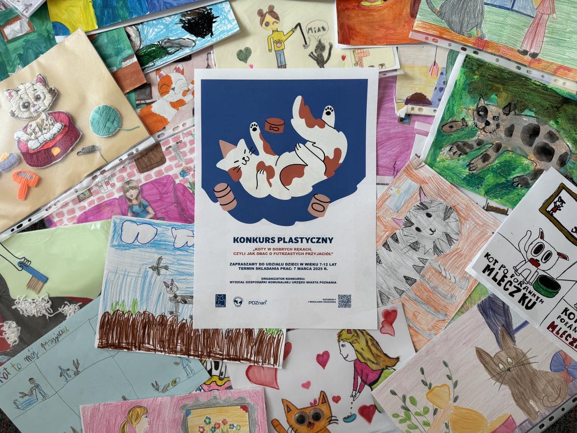 Obrazek przedstawia plakat konkursowy na tle prac wykonanych przez uczestników konkursu