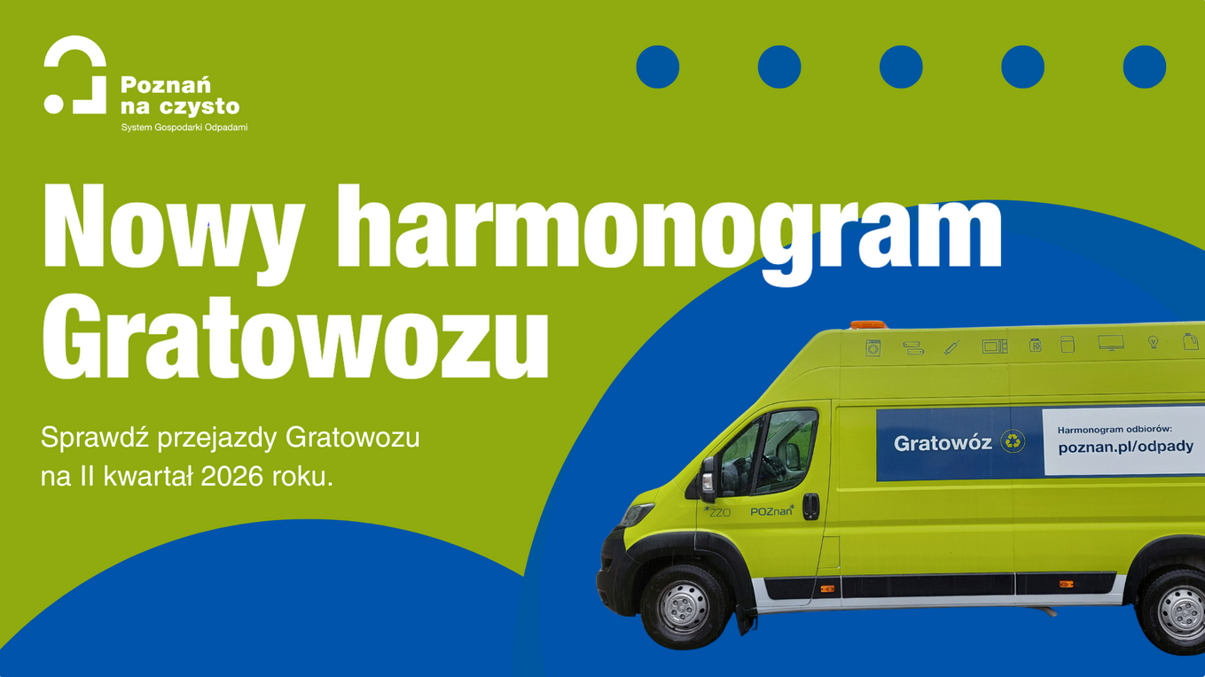 Obrazek w kolorach niebiesko zielonych przedstawia zielony gratowóz i napis w kolorze białym ,że dostepny jest już harmonogram postoju ghratowozu w II kwartale tego roku.