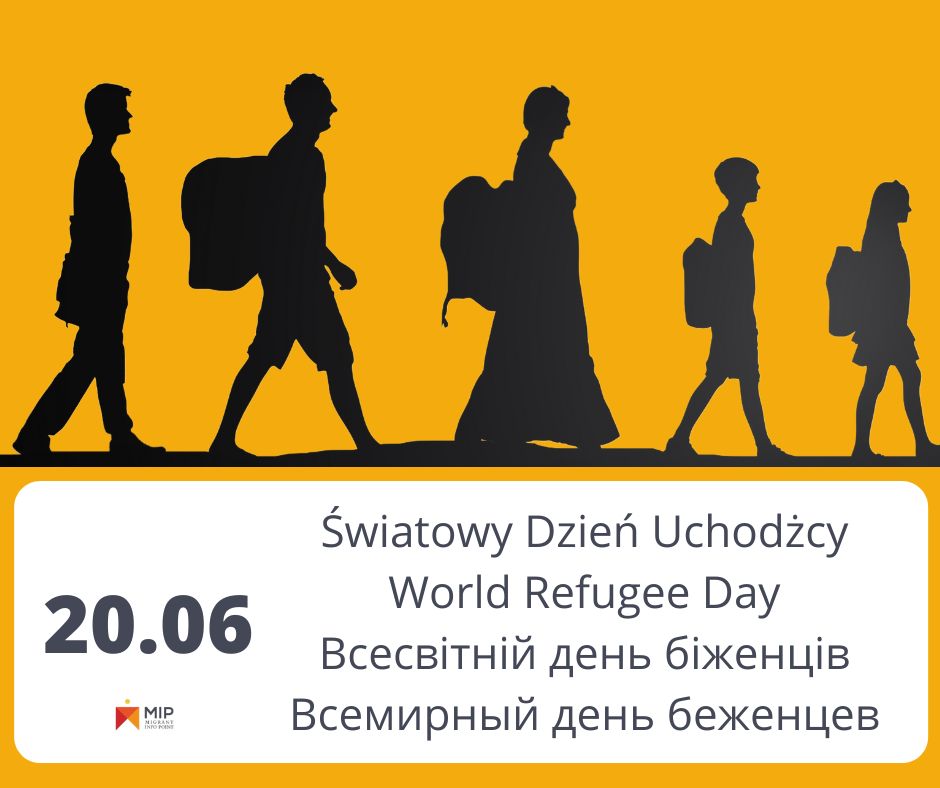 Pięć czarnych postaci na żółtym tłe, napis dzien uchodźcy
