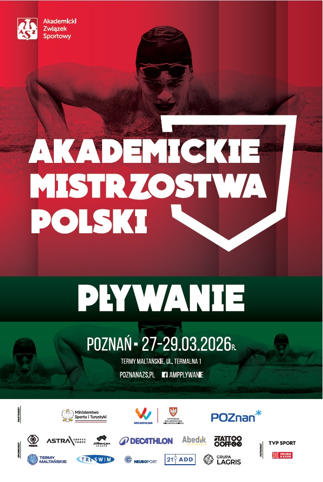 Plakat Akademickich Mistrzostw Polski w pływaniu - na czerwono-zielonym tle pływacy w wodzie, a także biała nazwa imprezy, termin, lokalizacja i logotypy sponsorów