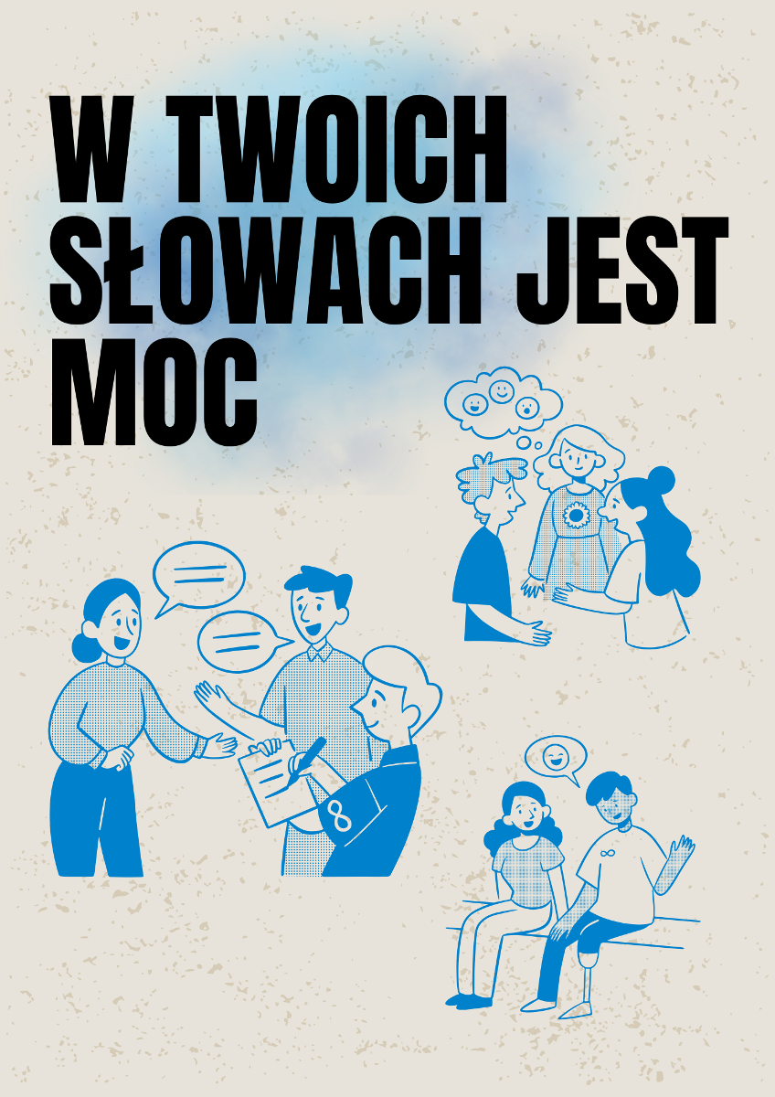 Plakat, grafika, przedstawia młodych ludzi rozmawiających ze sobą