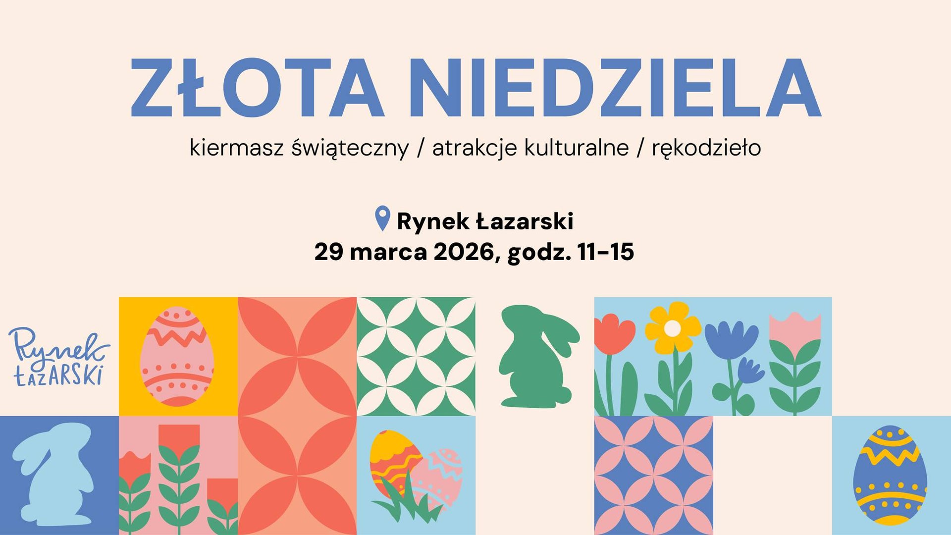 Plakat - grafika z napisem Złota Niedziela na Rynku Łazarskim