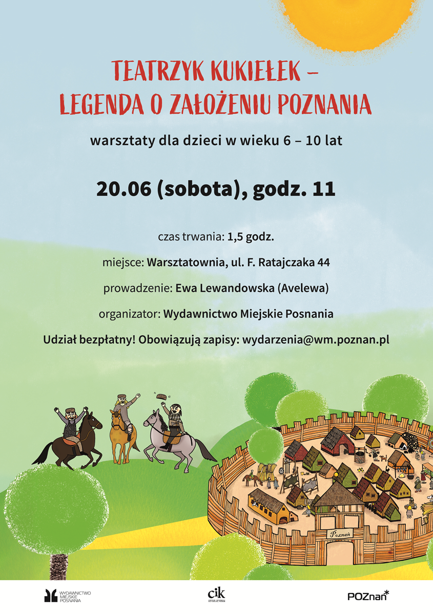 Plakat informujący o wydarzeniu, u dołu plakatu rysunek grodu i trzech jeźdźców na koniach.