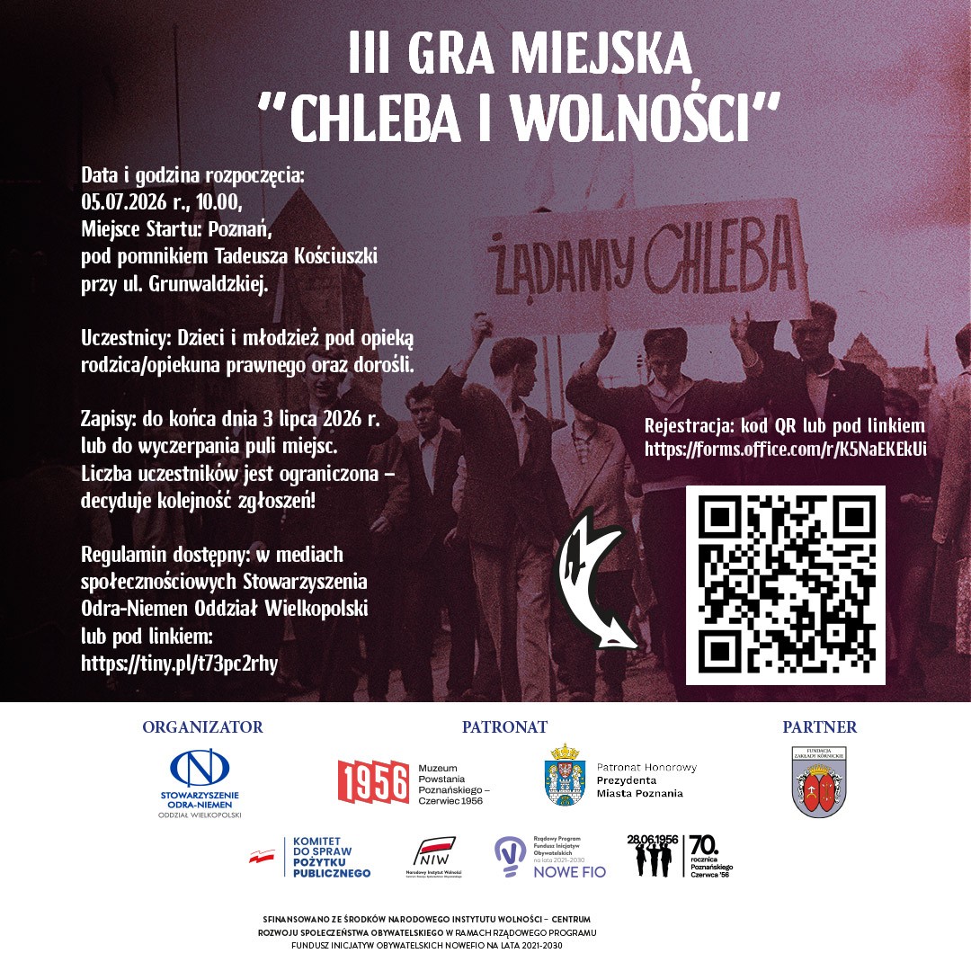 Plakat informujący o wydarzeniu. W tle zdjęcie mężczyzn niosących transparent "Żądamy chleba". Po lewej stronie informacje o wydarzeniu (szczegóły w treści artykułu). Po prawej stronie kod qr, który przenosi do formularza rejestracyjnego.