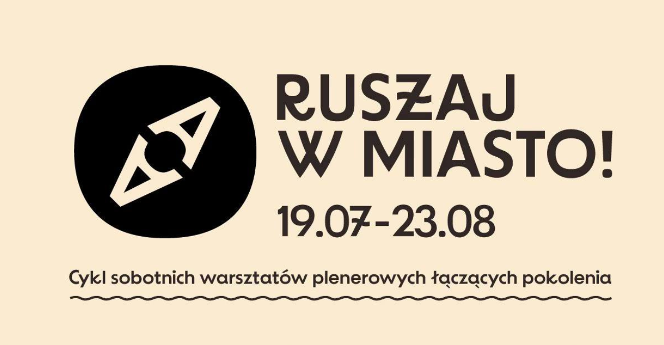 Plakat, który reklamuje cykl sobotnich warsztatów plenerowych łączących pokolenia - Ruszaj w miasto. Z prawej strony czarna plama a na niej lustrzane odbicie litery A.