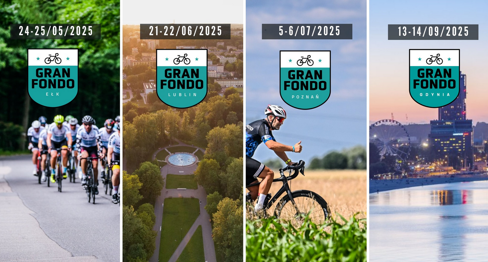 Plakat, który reklamuje kolarskie wyścigi w czterech miastach Polski: Ełk (24-25 maja 2025), Lublin (21-22 czerwca 2025), Poznań (5-6 lipca 2025) i Gdynia (13-14 września 2025). Na poszczególnych prostokątach nazwy miast i daty wyścigów oraz zdjęcia rowerzystów oraz symboli miast.