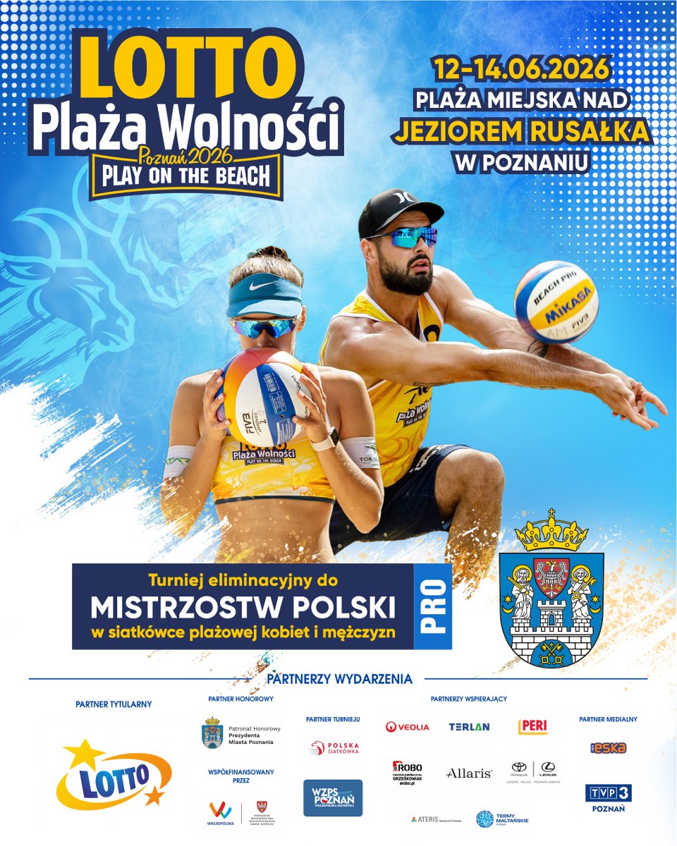 Plakat Lotto Plaży Wolności 2026 - zdjęcie siatkarki i siatkarza na błękitnym tle. Oprócz tego najważniejsze informacje na temat turnieju
