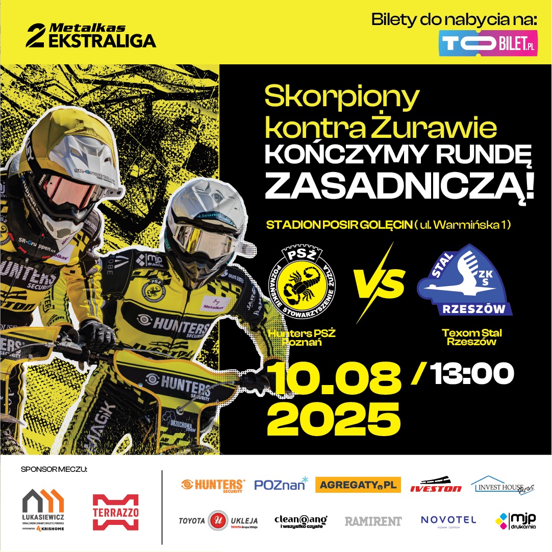 Plakat meczu Hunters PSŻ Poznań - Texom Stal Rzeszów - 2 żużlowców na czarno-żółtym tle. Z prawej strony na czarnym tle data i termin meczu wraz z logotypami klubów