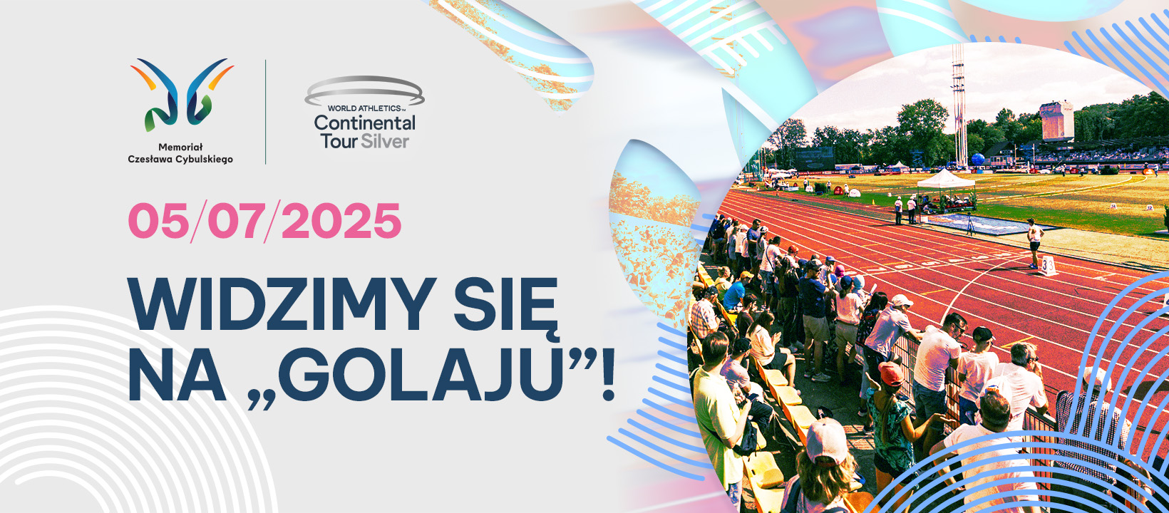 Plakat Memoriału Czesława Cybulskiego - na białym tle zachęta do przyjścia na zawody granatowym kolorem, a różowym data zawodów. Powyżej logotyp zawodów, a z prawej strony zdjęcie perspektywy finiszu