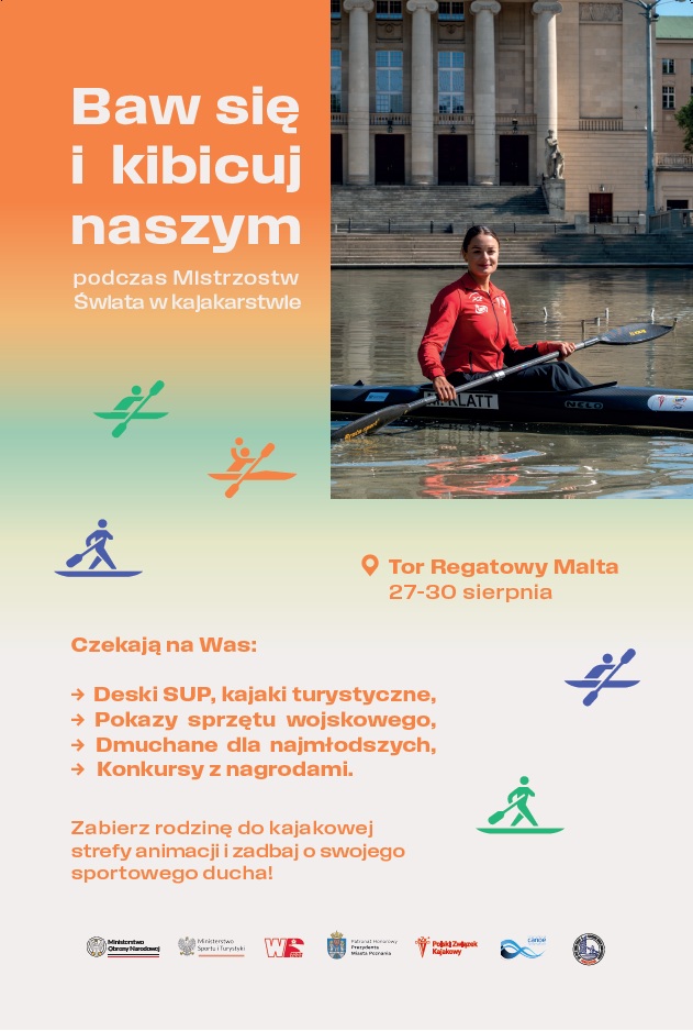 Plakat Mistrzostw Świata w kajakarstwie - zawodniczka płynie w fontannie, a poniżej najważniejsze informacje dotyczące imprezy