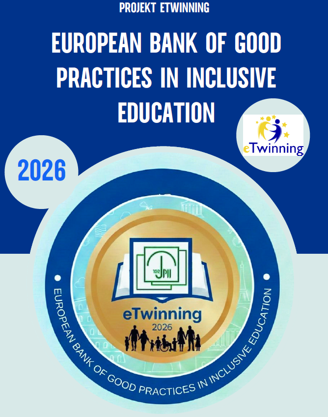 Plakat projektu eTwinning zatytułowany "European Bank of Good Practices in Inclusive Education" na rok 2026. Na grafice widoczne jest okrągłe logo z motywem otwartej księgi, sylwetkami ludzi (w tym osoby na wózku inwalidzkim) oraz oficjalne logotypy eTwinning.