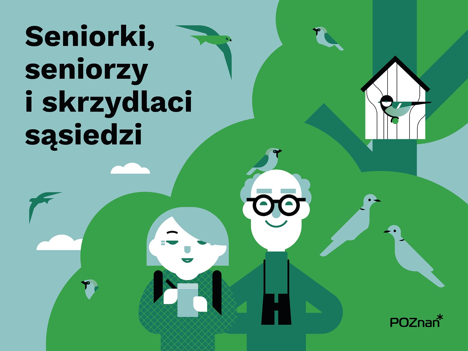 Plakat promocyjący zajęcia edukacyjne dla seniorów "Seniorki, seniorzy i skrzydlaci sąsiedzi"