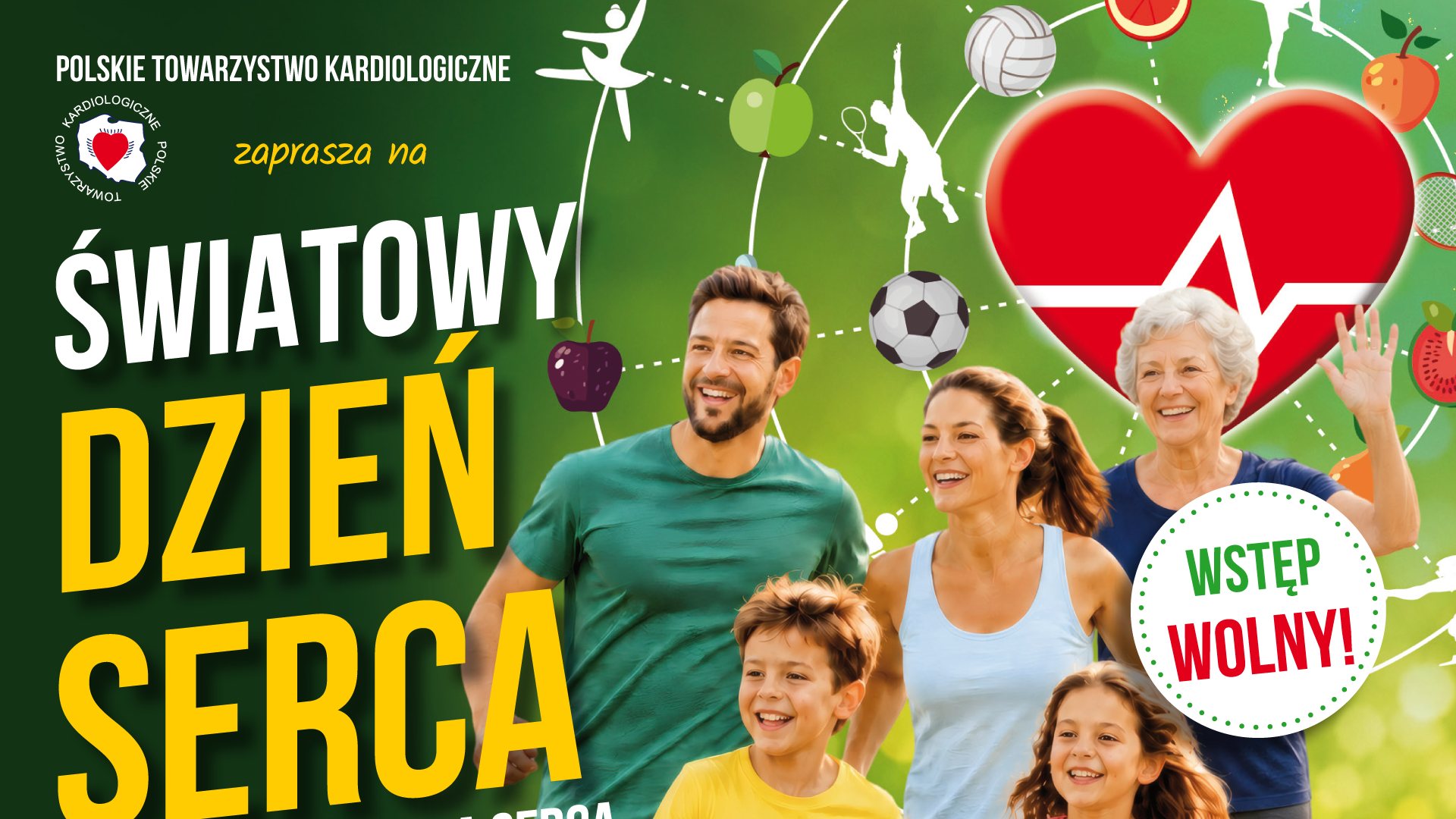 Plakat promujący Światowy Dzień Serca. Przedstawia aktywnych uczestników wydarzenia na tle symbolu serca oraz motywów związanych ze zdrowym stylem życia i sportem. Na plakacie znajduje się również informacja o bezpłatnym wstępie.