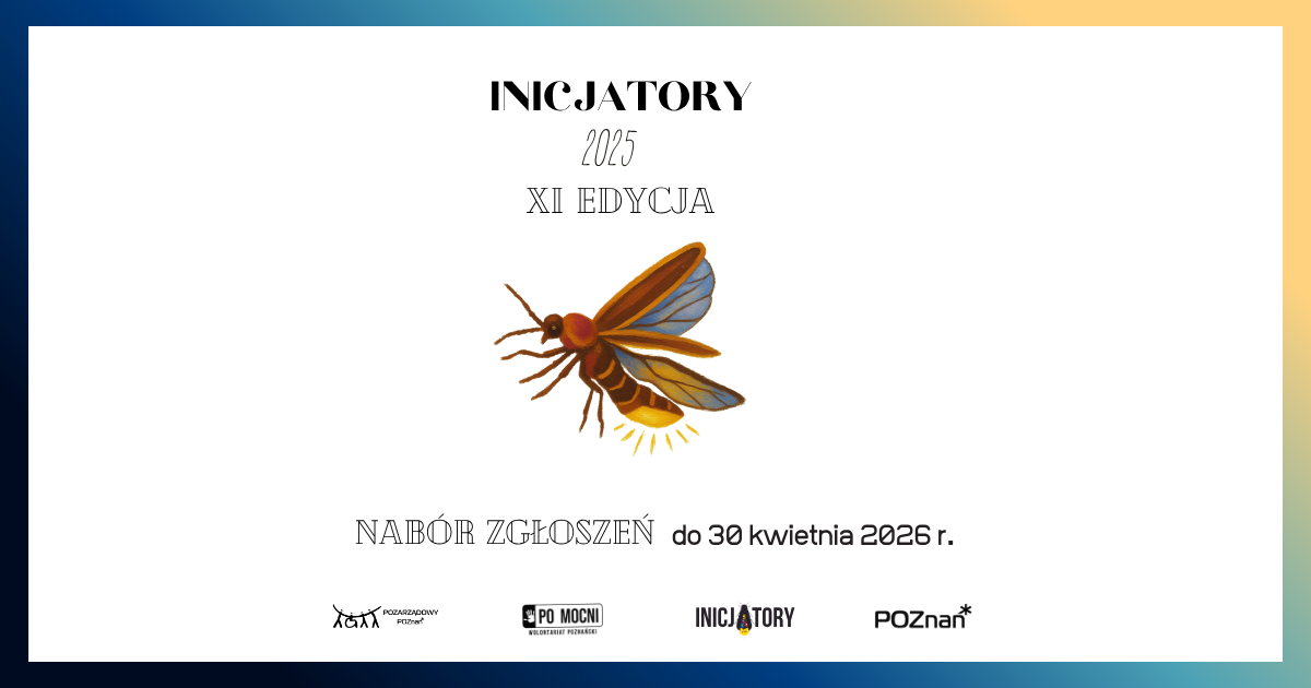 Plakat przedstawiający rysunkowego świetlika oraz napisy: "Inicjatory, 2025, XI edycja", "Nabór zgłoszeń do 30 kwietnia 2026 r."