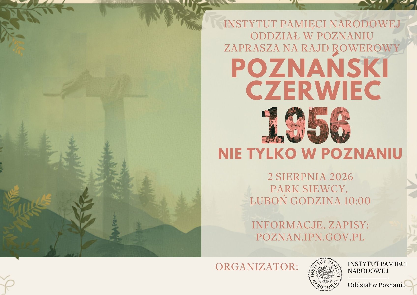 Plakat rajdu rowerowego "Poznański Czerwiec 1956" na tle stylizowanego leśnego krajobrazu z pomnikiem.