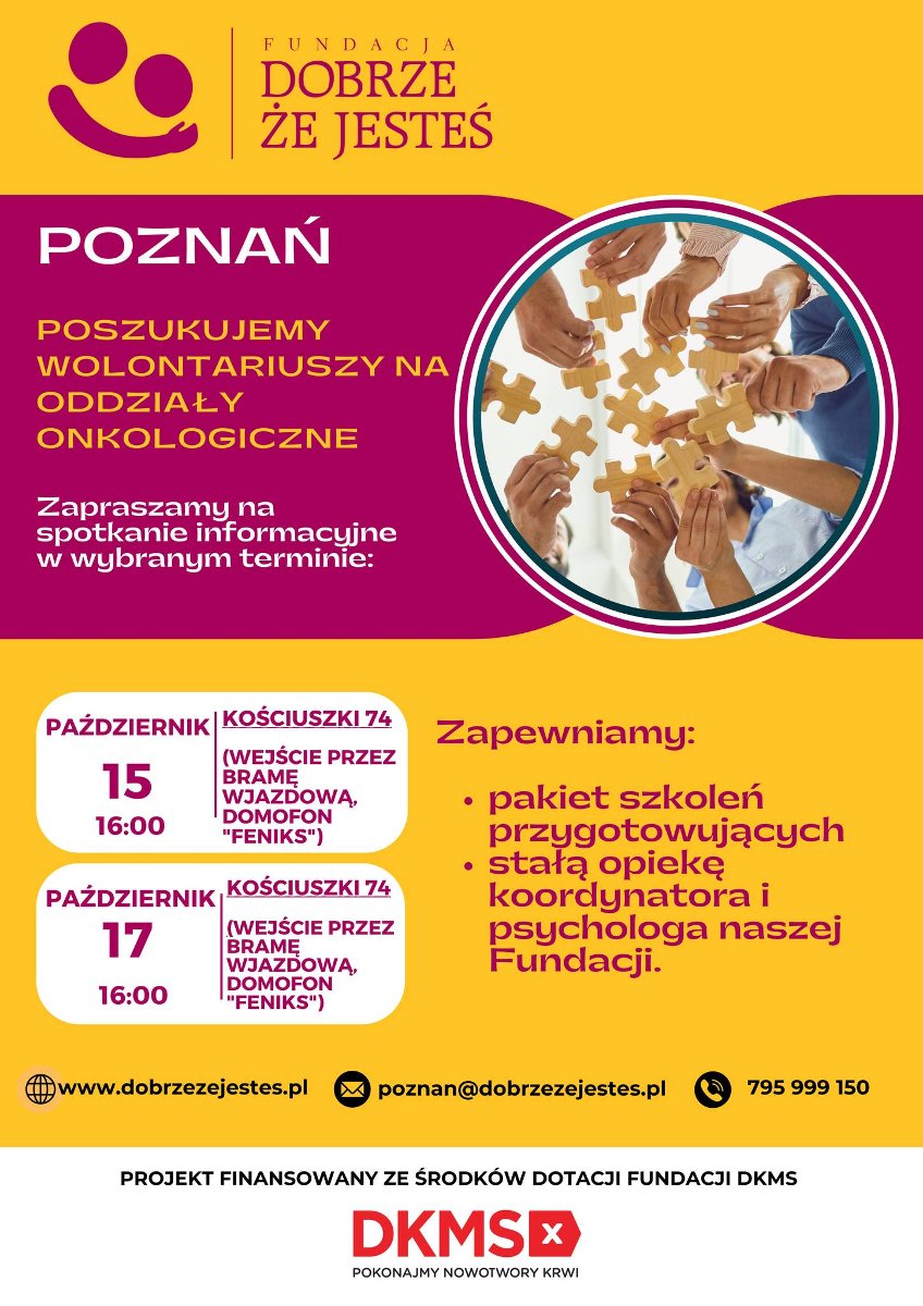 plakat w kolorach: różowym oraz żółtym, z informacjami tekstowymi dot. naboru wolontariuszy do pomocy na oddziałach onkologicznych