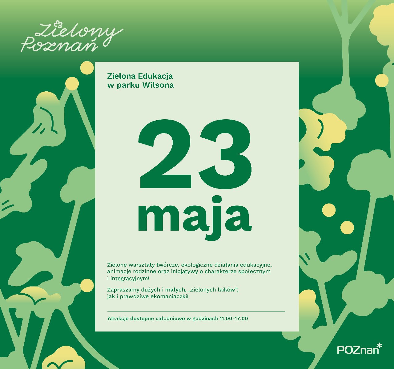 Plakat w kolorach zielonych promuje warsztaty twórcze, które odbędą się 23 maja w Parku Wilsona