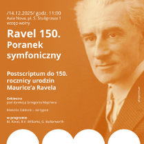 Z prawej strony zdjęcie przedstawiające mężczyznę w sepii. Plakat utrzymany w kolorze pomarańczowym z białym tekstem. Szczegółowe informacje zawarte w treści artykułu.