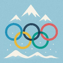 Okręgi Igrzysk Olimpijskich na błękitnym tle. Widoczne biale szc zyty gór i sypiący śnieg.