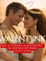 Zdjęcie dwójki osób ubranych w antyczne stroje przypominające stroje Kleopatry i Cezara. Na froncie tytuł wydarzenia oraz informacje zawarte w treści artykułu. W tle rozmyte koła.