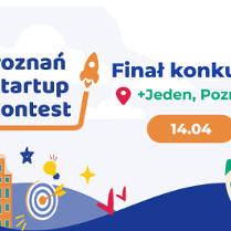Kolorowa, ilustrowana grafika zapraszająca na finał konkursu Poznań Startup Contest, który odbędzie się 14 kwietnia w przestrzeni +Jeden w Poznaniu. Na białym tle znajdują się rysunki: kolorowe kamienice, rakiety, gwiazdy, tarcza strzelnicza oraz sylwetka poznańskiego koziołka. Centralnym elementem jest duży napis z nazwą konkursu oraz pomarańczowa ikona startującej rakiety.