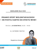W prawym dolnym rogu umieszczono czarno-białe zdjęcie prelegentki, Magdaleny Nowaczyk, wkomponowane w pomarańczowy półokrąg. Plakat ma białe tło, na pozostałym obszarze umieszczono czarne napisy - są to szczegóły na temat wydarzenia zawarte w treści artykułu.