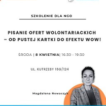 W prawym dolnym rogu umieszczono czarno-białe zdjęcie prelegentki, Magdaleny Nowaczyk, wkomponowane w pomarańczowy półokrąg. Plakat ma białe tło, na pozostałym obszarze umieszczono czarne napisy - są to szczegóły na temat wydarzenia zawarte w treści artykułu.