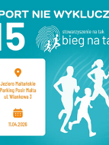Grafika z turkusowym tłem. W lewym górnym rogu widnieje duża, biała cyfra 15. Obok niej biały prostokąt o zaokrąglonych rogach, w którym umieszczono pomarańczowe napisy. Są to szczegóły na temat wydarzenia zawarte w treści artykułu. Z prawej strony sylwetki 3 biegaczy: kobiety, mężczyzny i dziecka.