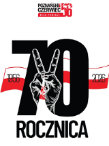 Biały plakat przedstawia czarną liczbę 70 z wpisaną grafiką symbolicznego znaku pokoju. Napis znajduje się na biało-czerwonej wstędze z napisem 1956-2026. Pod spodem czarny napis "rocznica". Na górze logo "Poznański Czerwiec. Bieg Pamięci '56.