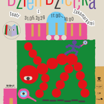 Grafika zawiera abstrakcyjne, geometryczne kształty przypominające postacie i budynki w jaskrawych kolorach. Nad grafiką informacje o wydarzeniu zawarte w treści artykułu.