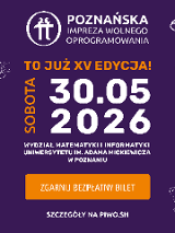 Plakat z fioletowym tłem. W górnej części znajduje się biały logotyp wydarzenia oraz nazwa "Poznańska Impreza Wolnego Oprogramowania". Centralne miejsce zajmuje duża, biała data, obok której umieszczono pionowy pomarańczowy napis "sobota". Wokół informacje o wydarzeniu zawarte w treści artykułu. Dolną część plakatu zajmuje pomarańczowy przycisk z napisem "zgarnij bezpłatny bilet". Brzegi grafiki zdobią białe, konturowe ilustracje postaci.