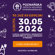 Plakat z fioletowym tłem. W górnej części znajduje się biały logotyp wydarzenia oraz nazwa "Poznańska Impreza Wolnego Oprogramowania". Centralne miejsce zajmuje duża, biała data, obok której umieszczono pionowy pomarańczowy napis "sobota". Wokół informacje o wydarzeniu zawarte w treści artykułu. Dolną część plakatu zajmuje pomarańczowy przycisk z napisem "zgarnij bezpłatny bilet". Brzegi grafiki zdobią białe, konturowe ilustracje postaci.