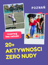 Utrzymany w fioletowej kolorystyce plakat ze zdjęciami dzieci grających w tenisa i siatkówkę oraz z żółtym napisem "20+ aktywności, zero nudy".