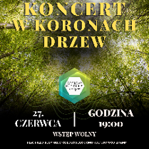 Pionowy plakat. Górną połowę grafiki zajmuje zdjęcie zrobione z poziomu gruntu, przedstawiające gęsty, intensywnie zielony las liściasty. Między koronami drzew przebija słońce. Na tym tle, u góry, znajduje się duży, złoty, ozdobny napis "koncert w koronach drzew". Poniżej umieszczono geometryczne logo w odcieniach błękitu i zieleni ODK Pod Lipami, a pod nim, na ciemnym tle, białą czcionką podano szczegóły wydarzenia, zawarte w treści artykułu.