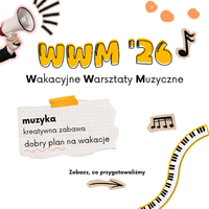W górnej części żółte litery "www '26" oraz nazwa wydarzenia. Po lewej stronie widnieje dłoń trzymająca biało-czerwony megafon, a po prawej unosi się czarna nuta oraz pomarańczowe kropki. Centralną część zajmuje grafika stylizowana na przypiętą pomarańczową taśmą kartkę z zeszytu w kratkę, na której wypisano informacje o wydarzeniu zawarte w treści artykułu. Dół plakatu zdobią mniejsze elementy: nuty, wygięta w łuk czarno-biała klawiatura pianina oraz napis "zobacz, co przygotowaliśmy".