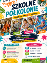 Plakat z białym tłem reklamuje letnie szkolne półkolonie pod hasłem "Lato pełne przygód". Na plakacie znajdują się kolorowe zdjęcia dzieci biorących udział w różnych aktywnościach, podpisane jako: sport, przygoda, kreatywność i zabawa. Tekst informuje, że uczestników czeka aktywny wypoczynek, nowi przyjaciele i niezapomniane wspomnienia. Wymienione atrakcje to: zajęcia sportowe, warsztaty kreatywne, wycieczki, gry i konkursy. Podane są trzy terminy turnusów i inne informacje zawarte w treści artykułu.