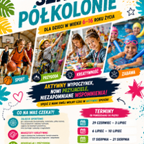 Plakat z białym tłem reklamuje letnie szkolne półkolonie pod hasłem "Lato pełne przygód". Na plakacie znajdują się kolorowe zdjęcia dzieci biorących udział w różnych aktywnościach, podpisane jako: sport, przygoda, kreatywność i zabawa. Tekst informuje, że uczestników czeka aktywny wypoczynek, nowi przyjaciele i niezapomniane wspomnienia. Wymienione atrakcje to: zajęcia sportowe, warsztaty kreatywne, wycieczki, gry i konkursy. Podane są trzy terminy turnusów i inne informacje zawarte w treści artykułu.