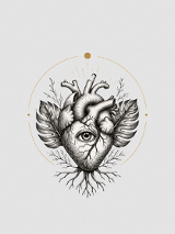 W centralnym punkcie na jasnobeżowym tle szczegółowa, czarno-biała ilustracja wykonana w stylu ryciny, przedstawiająca anatomiczne ludzkie serce. W samym środku serca wkomponowano otwarte oko. Z dolnej części organu wyrastają korzenie, natomiast po bokach i z tyłu otaczają go duże liście oraz drobne gałązki. Wokół widoczny jest złoty okrąg oraz złote kropki.