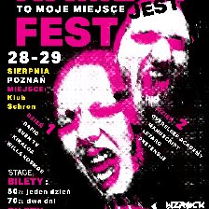 Plakat koncertowy w intensywnych czarno‑białych i różowych barwach. Dwie ekspresyjne twarze w centrum, których mimika pokazuje krzyk. Wokół teksty z informacją o festiwalu KamlotFest w Poznaniu, wraz z datami, miejscem i cenami biletów, zgodny z treścią artykułu.