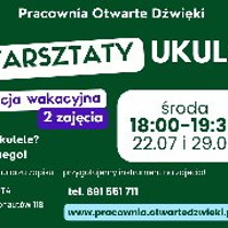 Plakat na zielonym tle z białymi, zielonymi i fioletowymi napisami. W centrum znajdują się informacje o wakacyjnych warsztatach mowy, obejmujących dwa spotkania poświęcone emisji głosu mówionego, wraz z datami, godzinami i adresem, które zawarto w treści artykułu. Po prawej stronie widoczne jest logo Pracowni Otwarte Dźwięki, a poniżej ilustracja ręki trzymającej megafon. Z lewej strony symboliczny rysunek przedstawiający profil osoby, która coś mówi.