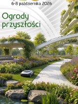 Plakat przedstawia futurystyczny ogród z bujną roślinnością i kwiatami. W tle nowoczesne budynki pokryte zielenią oraz pawilon porośnięty pnączami. Na pierwszym planie widoczna jest zakrzywiona ścieżka i mały autonomiczny pojazd. U góry umieszczony jest tekst o 20. edycji targów Gardenia wraz z datą wydarzenia, które zawarto w treści artykułu. Poniżej tekst "ogrody przyszłości", a w prawym górnym rogu logo MTP. Na samym dole loga organizatorów.
